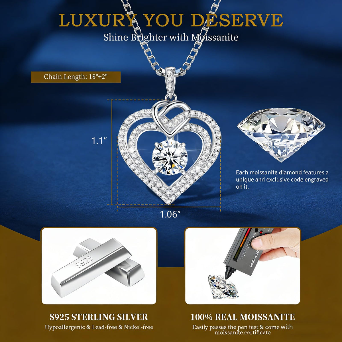 Luxury Moissanite Heart Necklace for Women – 925 Sterling Silver Heart Pendant, Sparkling Jewelry Gift for Wife, Girlfriend, Mom & Daughter