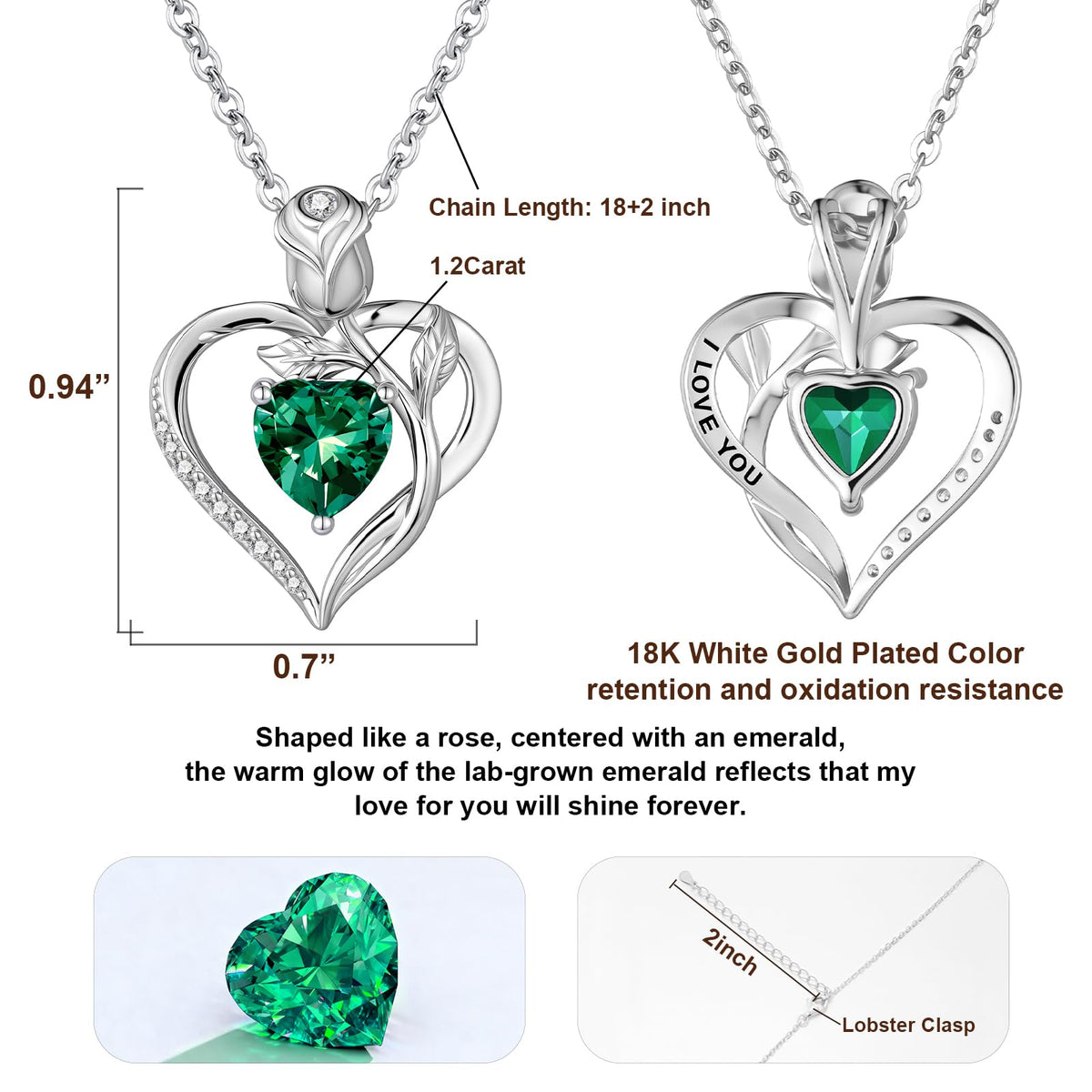 Women's Heart Pendant Necklace – 1.2CT Moissanite or Lab-Grown Sapphire, Ruby & Emerald