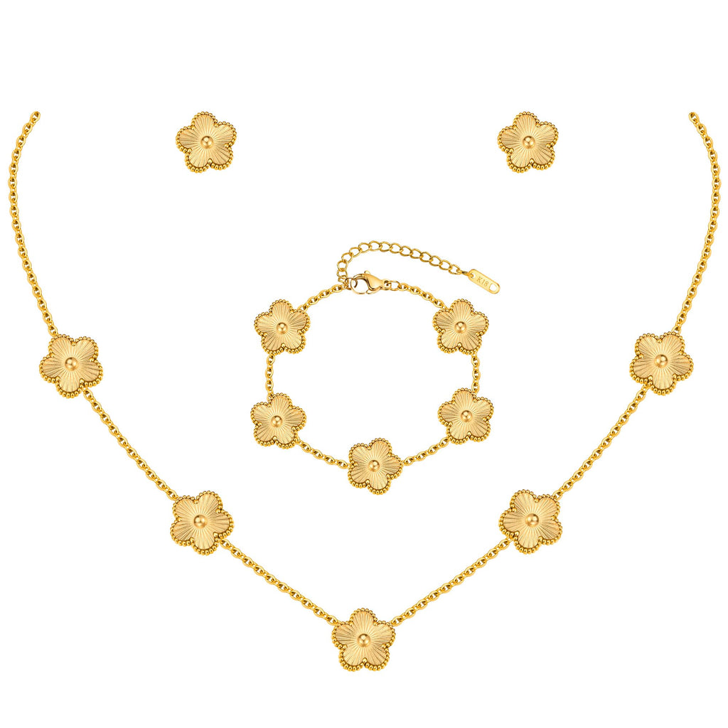 Gold Necklaces Bracelets Earring Set - 18K Gold Plated Flower Bracelet Chain,Stainless Steel Non Tarnish Floral Pendant Stud Jewelry Sets,Christmas Birthday Lucky Gift for Mom Wife Daughter Girlfriend