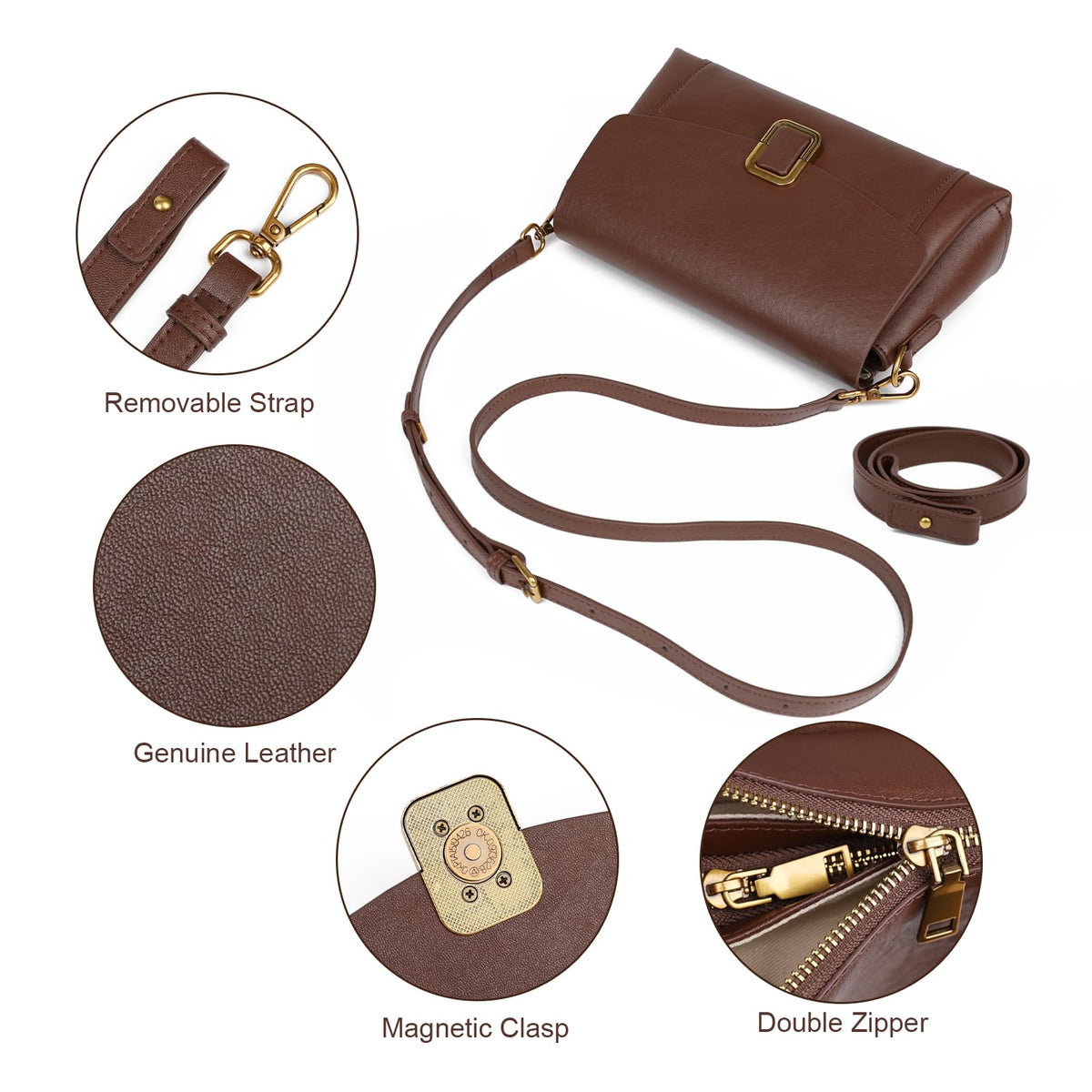 Genuine Leather Crossbody Bag for Women, Adjustable Shoulder Bag | Genuine Leather, 2 Detachable Straps, Satchel, Compact & Lightweight, Travel, Everyday, Work, Gift