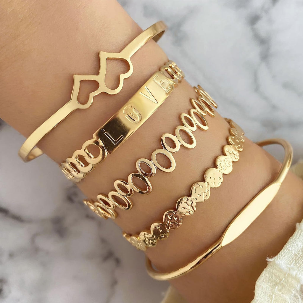 IFKM Gold Bangle Bracelets For Women, 14k Gold Plated Multi Layer Stackable Cuff Bracelet Set, Trendy Elegance Charms Non Tarnish Minimalist Textured Boho Jewelry Gift for Women