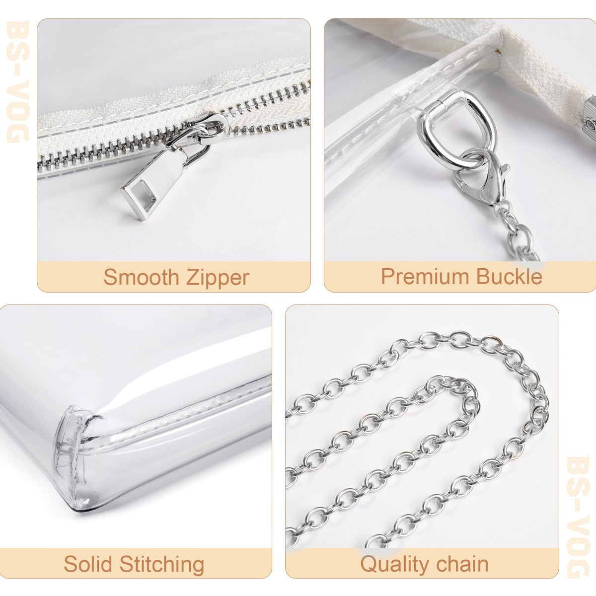 BS-VOG Clear Purse for Women - Stadium Approved Small Crossbody Bag with Zipper, Clear Stadium Bag for Concerts, Sports