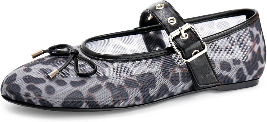 Gothictor Women's Mesh Ballet Flats Round Toe Leopard Mary Jane Shoes Women | Cushioned Comfort, Easy to Style, Buckle Strap, Cheetah Print, Ballerina, Breathable, Lightweight, Dressy Casual, Non-Slip