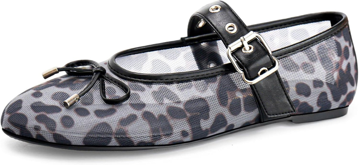 Gothictor Women's Mesh Ballet Flats Round Toe Leopard Mary Jane Shoes Women | Cushioned Comfort, Easy to Style, Buckle Strap, Cheetah Print, Ballerina, Breathable, Lightweight, Dressy Casual, Non-Slip