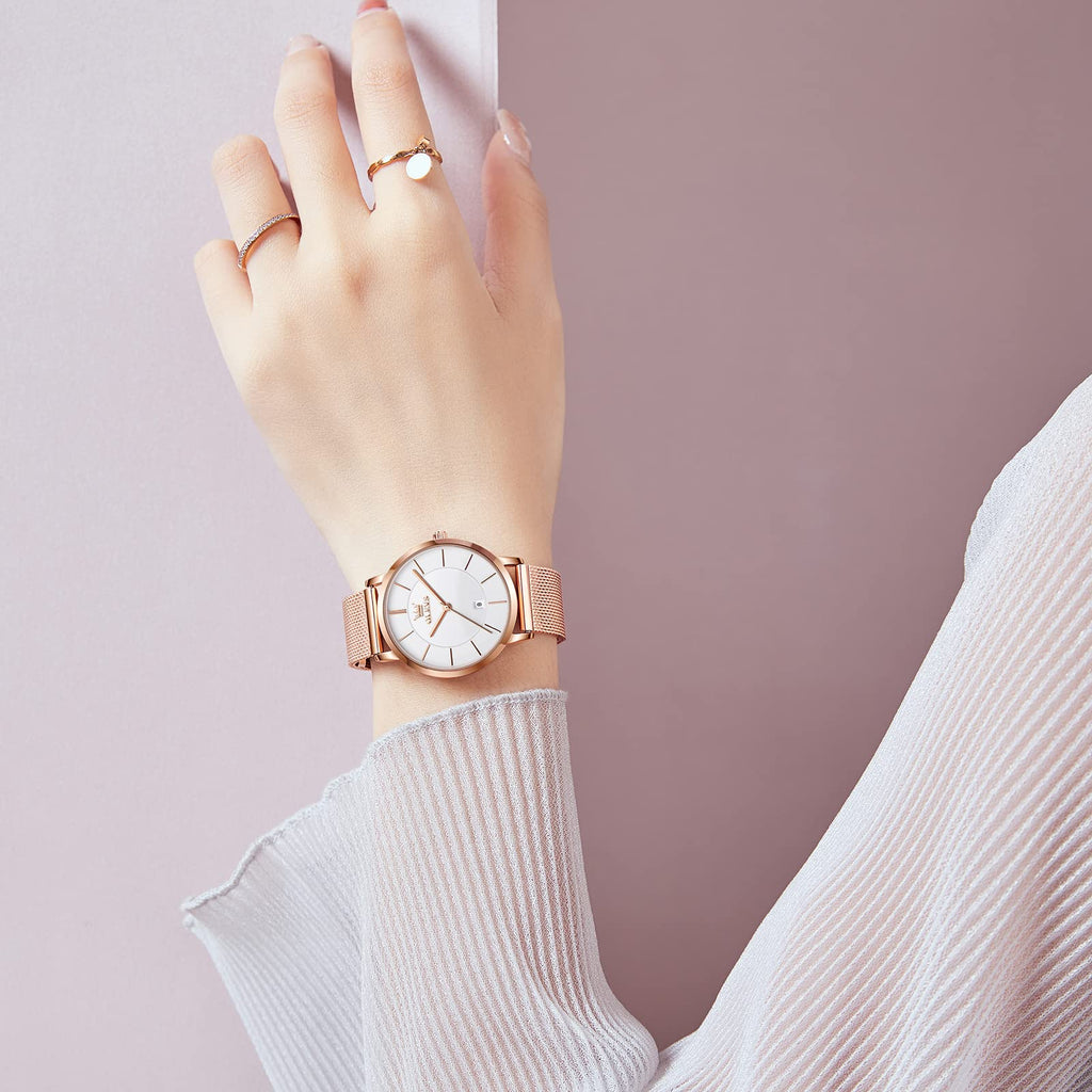 OLEVS Women's Mesh Bracelet Watch, Elegant Large Face Three Hand Analog Quartz Womens Wristwatch, Pretty Slim Date Display Waterproof Ladies Watches for Small Wrists