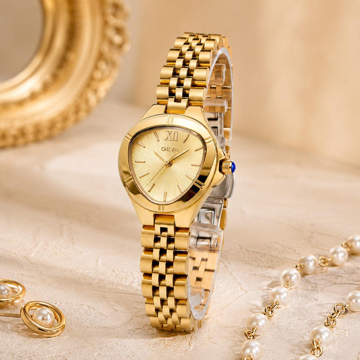 GeYa Vintage Gold Watches for Women Dainty Ladies Quartz Wristwatch,316L Stainless Steel Bracelet for Small Wrist,3ATM Waterproof,Triangle Shape,Birthday Gifts,with Tools,24.5mm