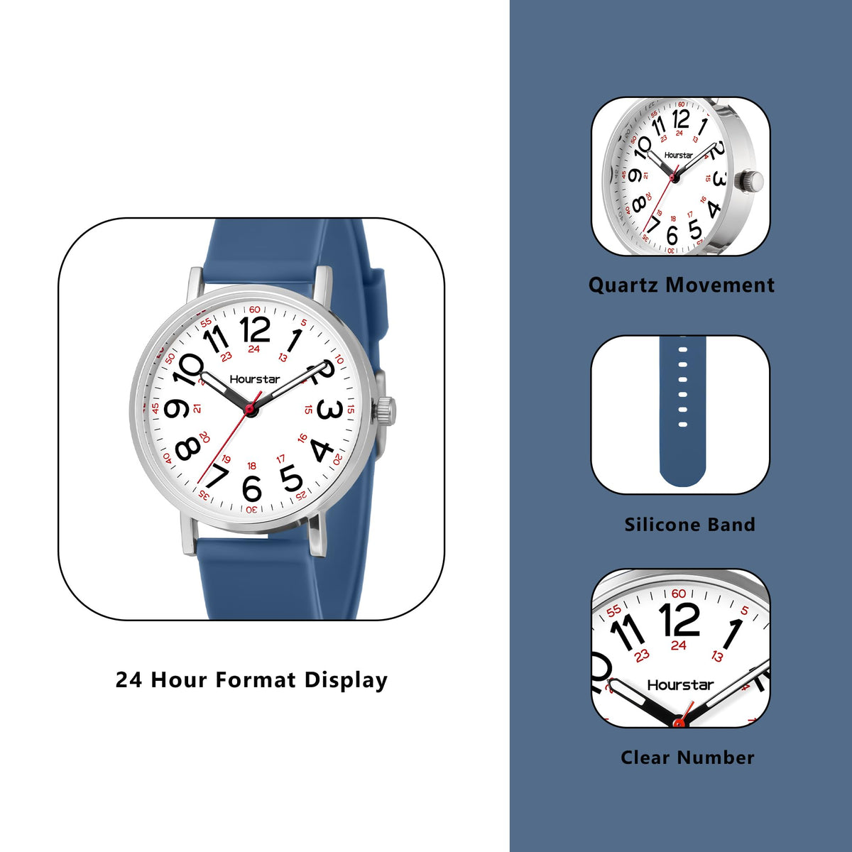 Women's Analog Nurse Watch with Second Hand for Nursing, 12/24 Time, Silicone Band, Easy Read