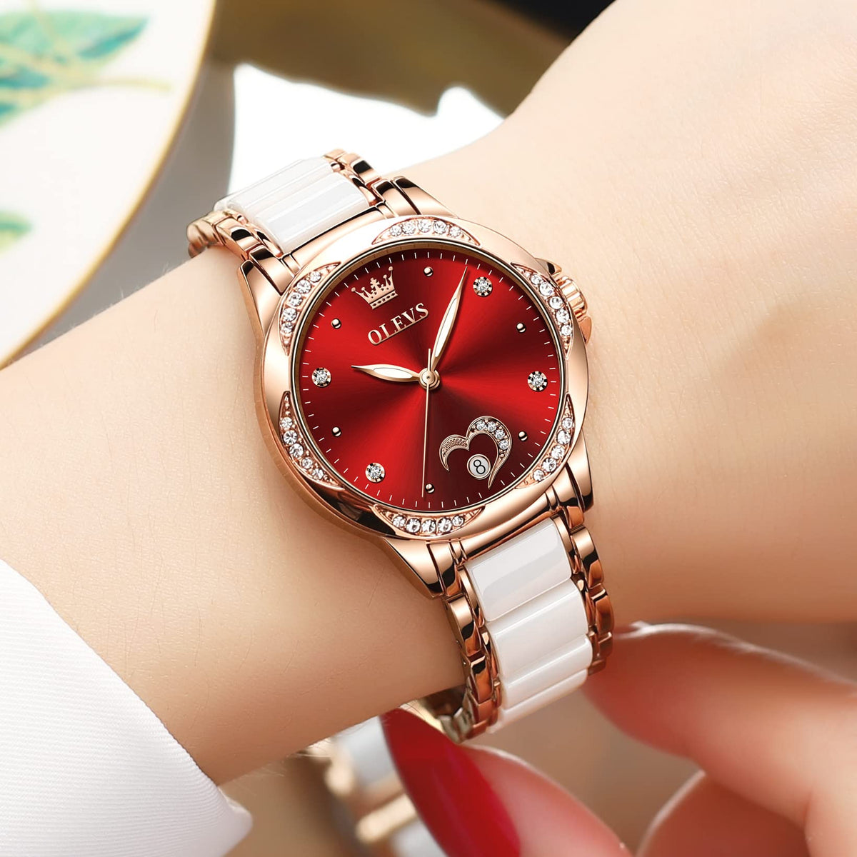 OLEVS Womens Automatic Watch, Premium Large Face Diamond Accented Self Winding Watches for Women, Fashion Waterproof Ladies Dress Watch, Two Tone Stainless Steel Ceramic Bracelet