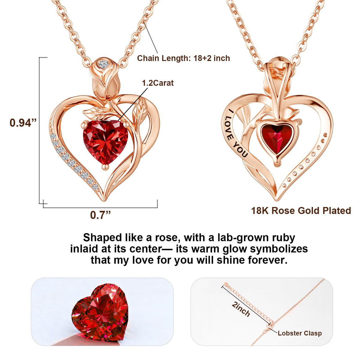 Women's Heart Pendant Necklace – 1.2CT Moissanite or Lab-Grown Sapphire, Ruby & Emerald