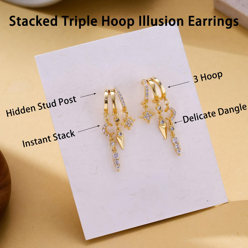Gold Dangle Earrings for Women, 14k Gold Plated Stacked Triple Hoop Illusion Earrings Cubic Zirconia Huggie Earrings for Women Trendy
