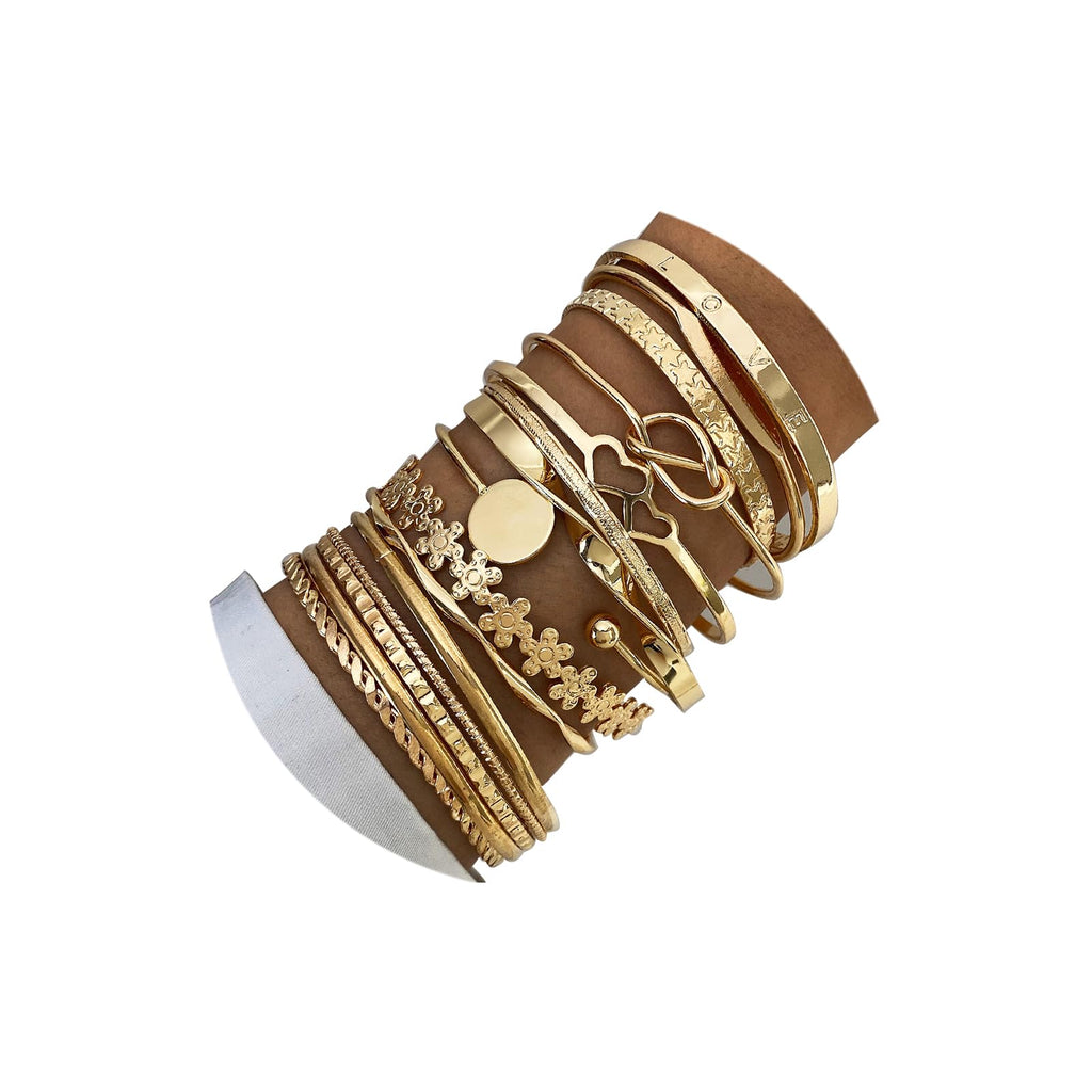 17IF Gold Bangle Bracelet For Women, 14k Multilayer Charm Textured Stackable Bracelets Boho Indian Chunky Cuff Fashion Jewelry Gift