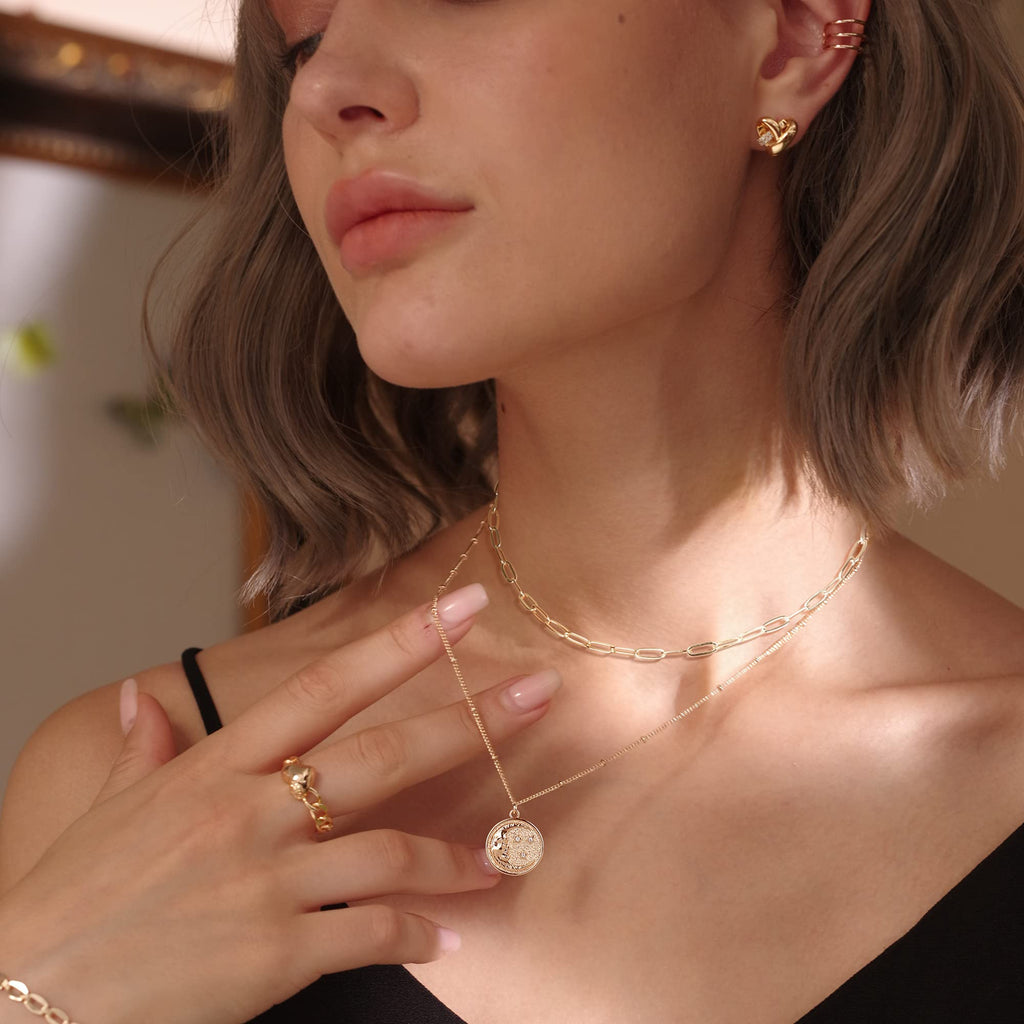 MEVECCO Layered Heart Necklace Pendant Handmade 18k Gold Plated Dainty Gold Choker Arrow Bar Layering Long Necklace for Women