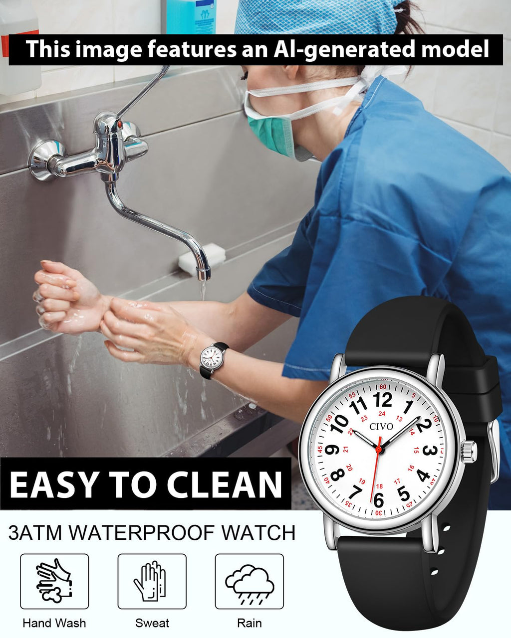 CIVO Nurse Watches for Women Men: Analog Waterproof Watch with Easy Read Dial Second Hand - Gifts for Nurses Medical Student Doctors