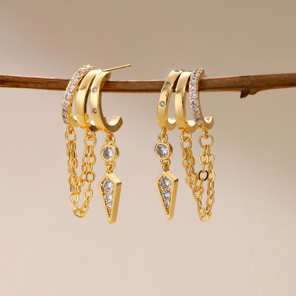 Gold Dangle Earrings for Women, 14k Gold Plated Stacked Triple Hoop Illusion Earrings Cubic Zirconia Huggie Earrings for Women Trendy