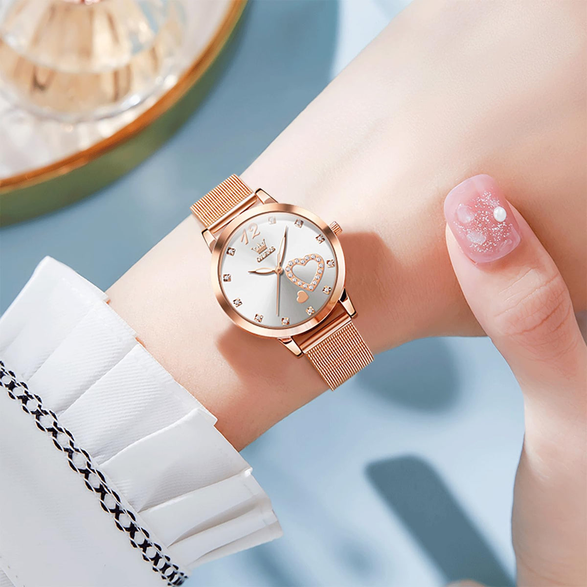 OLEVS Women's Small Wrist Rose Gold Tone Watch - Cute Diamond Heart Arabic Numerals Dial, Fashion Waterproof Mesh Bracelet Analog Dress for Ladies