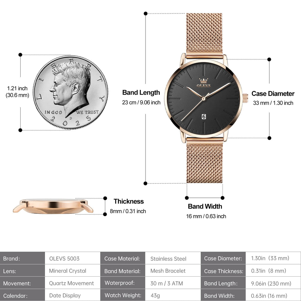 OLEVS Women's Small Wrist Rose Gold Tone Watch - Cute Diamond Heart Arabic Numerals Dial, Fashion Waterproof Mesh Bracelet Analog Dress for Ladies