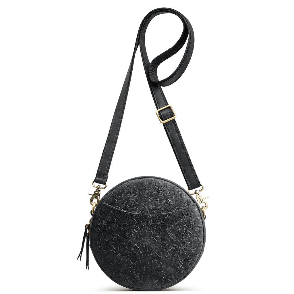S-ZONE Leather Crossbody Bags for Women Circle Shoulder Round Purse Travel | Top Grain Leather, Keychain, Designer Handbag, Vintage, Multi Pockets, Detachable Strap, Eveyday Outing