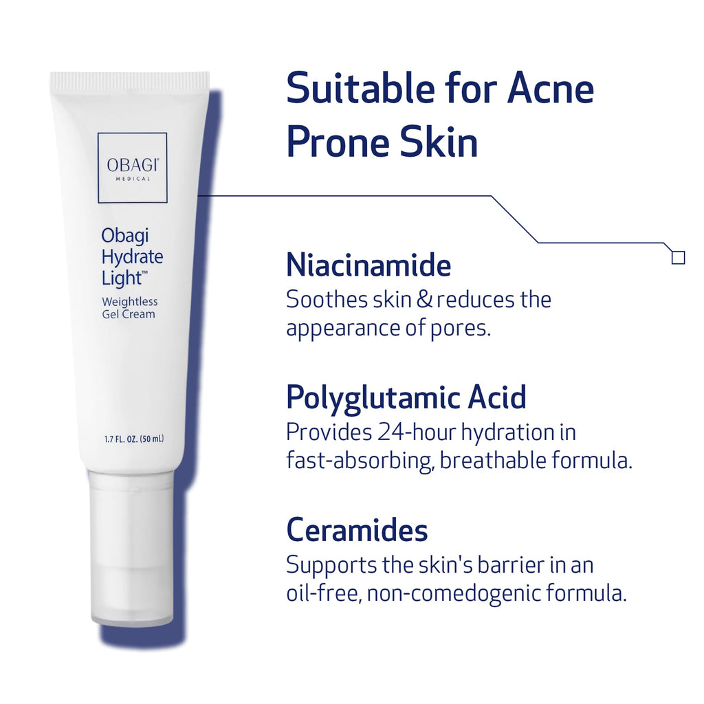 Obagi Hydrate Light Oil-Free Moisturizer – Fast-Absorbing, Lightweight Gel for Acne-Prone Skin – Non-Comedogenic, Hypoallergenic with Soothing Niacinamide, Glycerin & Ceramides for 24-Hour Hydration