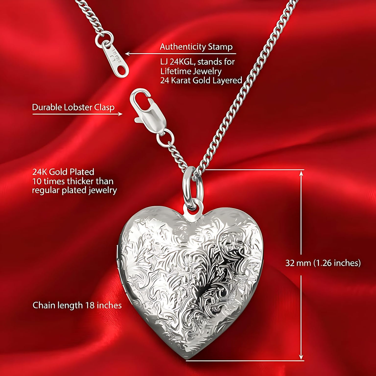 UNCLE LOL Vintage Silver Heart Locket Necklace – Engraved Photo Pendant for Women