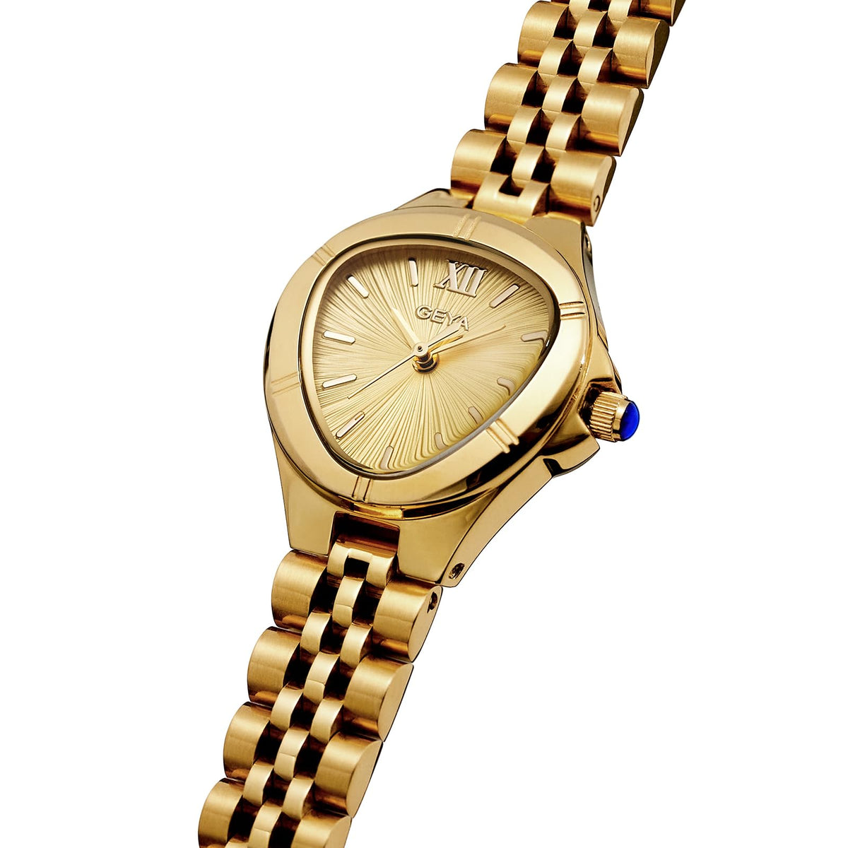GeYa Vintage Gold Watches for Women Dainty Ladies Quartz Wristwatch,316L Stainless Steel Bracelet for Small Wrist,3ATM Waterproof,Triangle Shape,Birthday Gifts,with Tools,24.5mm