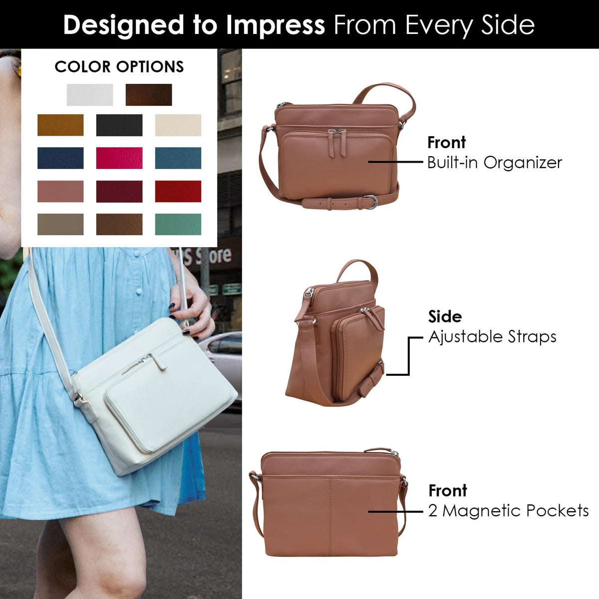 ili New York Genuine Leather Crossbody Bags for Women - Premium RFID Blocking Shoulder Bag Organizer with Adjustable Strap