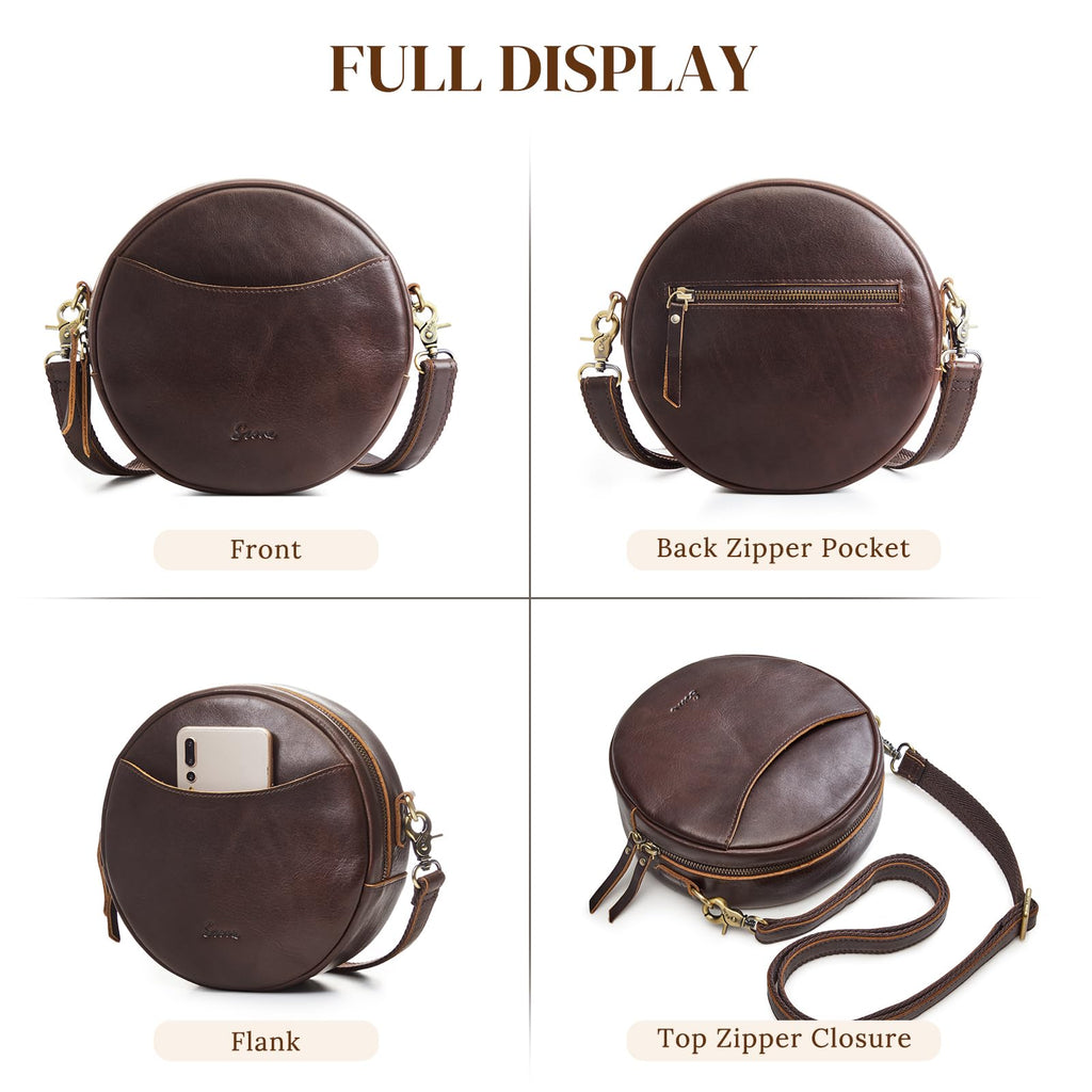 S-ZONE Leather Crossbody Bags for Women Circle Shoulder Round Purse Travel | Top Grain Leather, Keychain, Designer Handbag, Vintage, Multi Pockets, Detachable Strap, Eveyday Outing