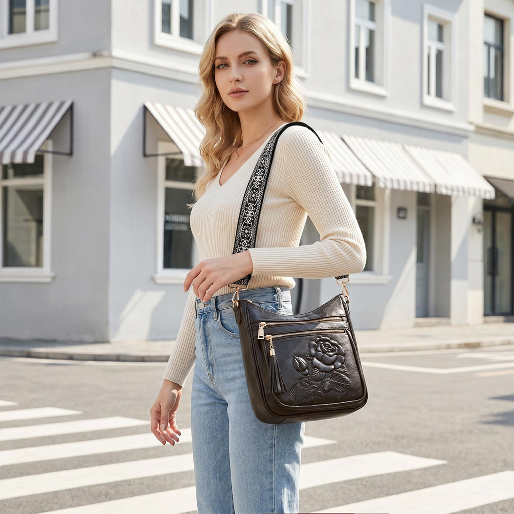 Crossbody Bags for Women, Vegan Leather Crossbody Purse, Multiple Pocket Daily Travel Shoulder Bag with Boho Strap