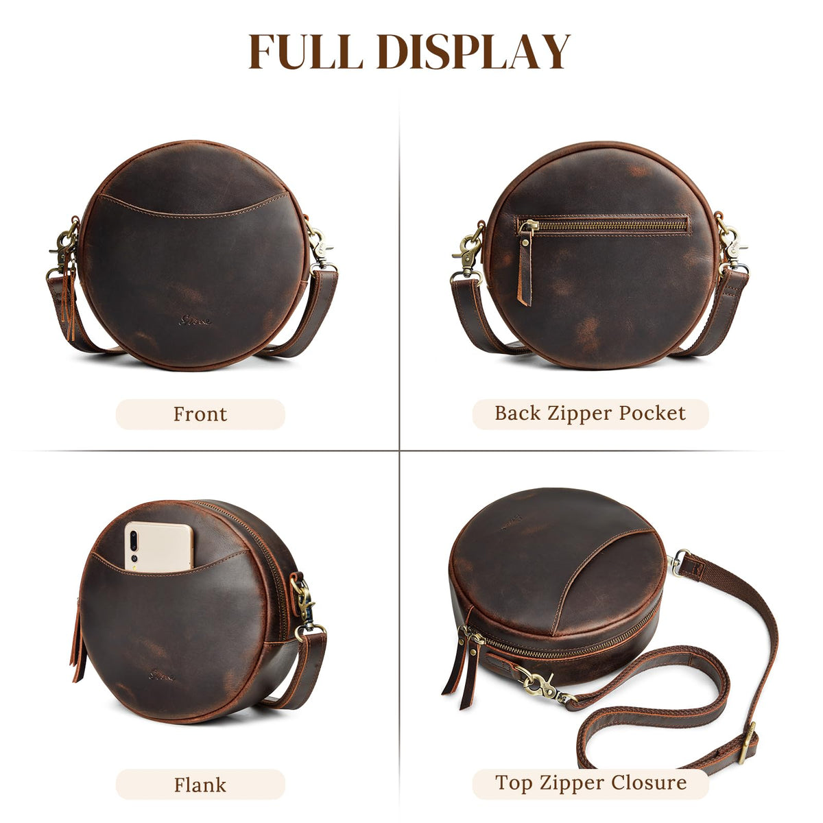 S-ZONE Leather Crossbody Bags for Women Circle Shoulder Round Purse Travel | Top Grain Leather, Keychain, Designer Handbag, Vintage, Multi Pockets, Detachable Strap, Eveyday Outing