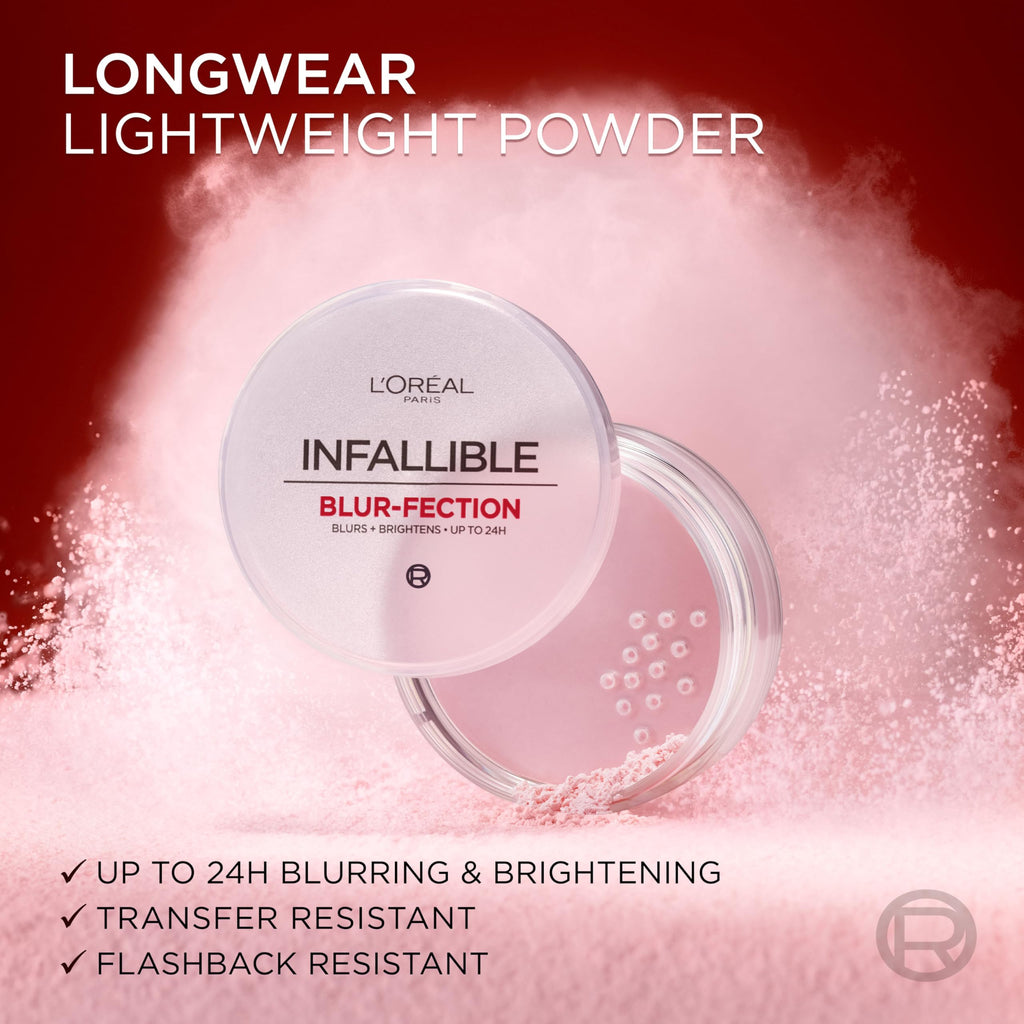 L'Oreal Paris Infallible Blur-fection Longwear Loose Setting Powder, Blurring Face Powder With Up to 24HRs of Wear, Brightening Light Pink, 1 Kit