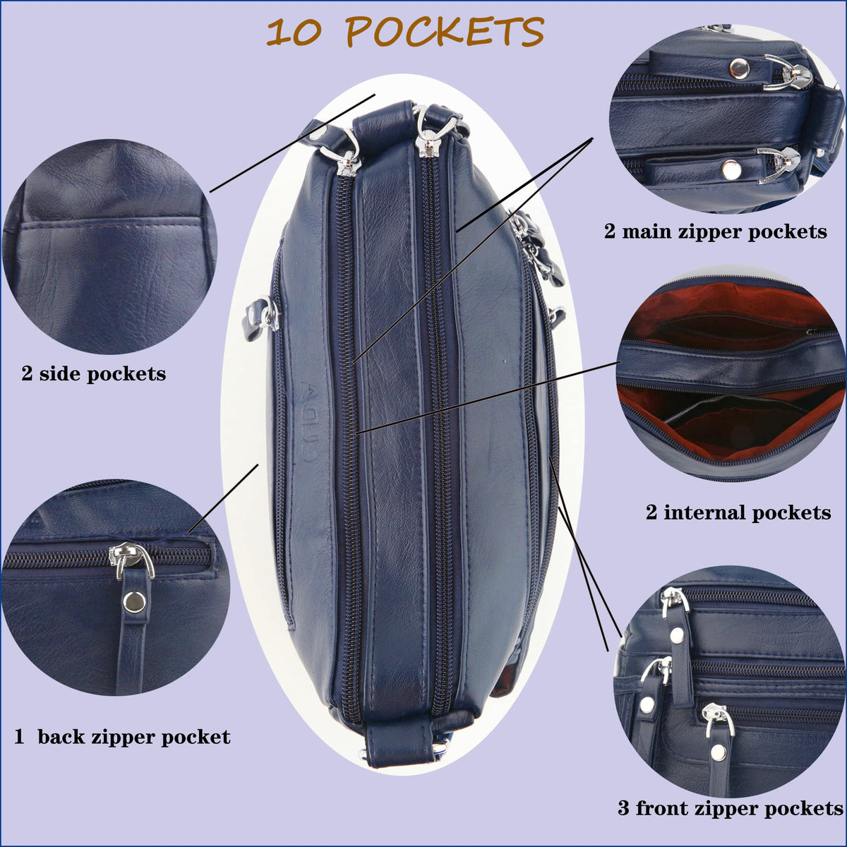 ELDA 10 Pockets Crossbody Purses for Women Medium Pocketbooks Lightweight Ladies Satchel Bag Multi Pocket Shoulder Handbag