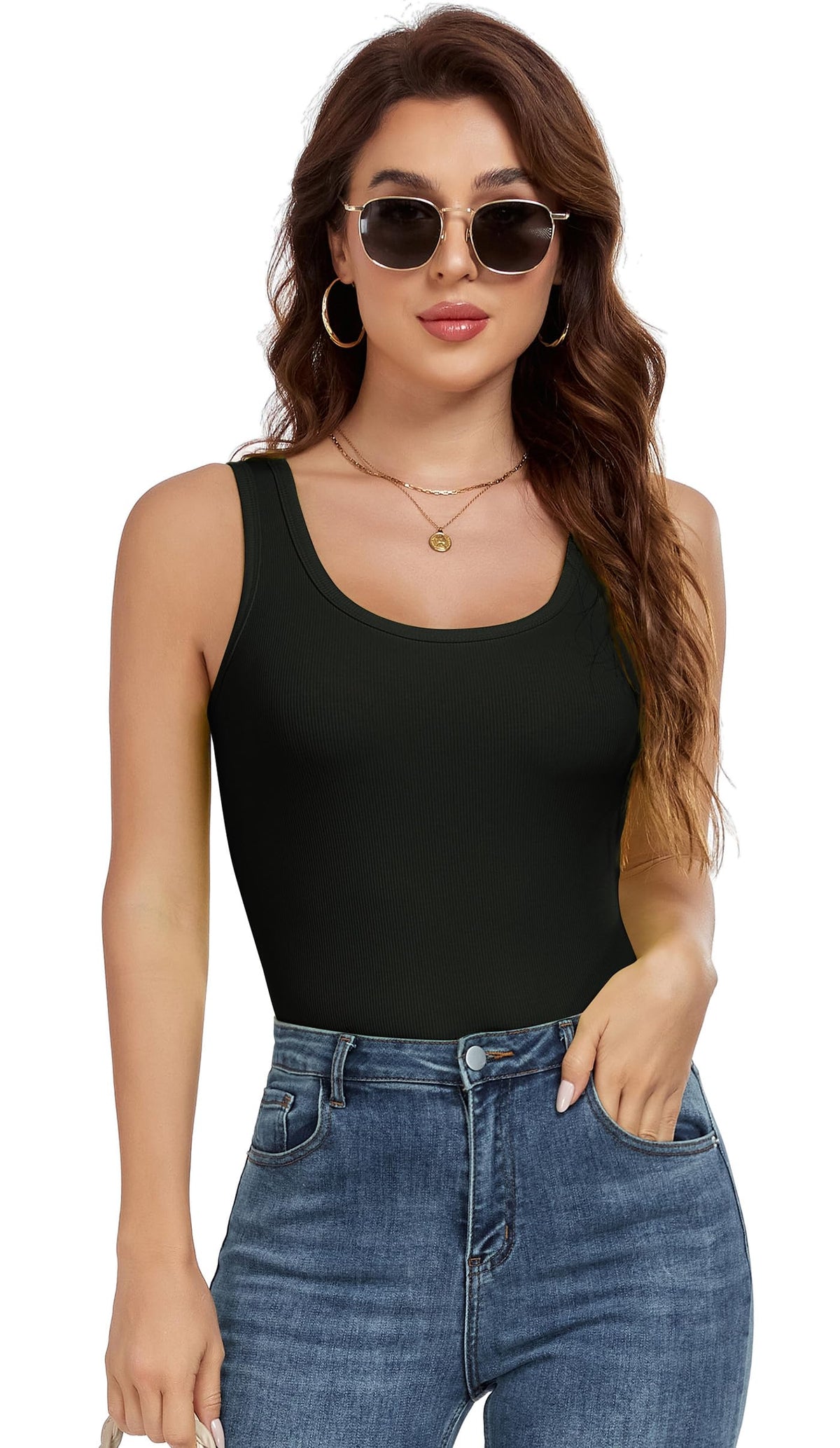 AUHEGN Workout Tank Tops for Women â€“ Soft Ribbed Scoop Neck Camisole Casual & Activewear, Summer Tank Top Fluorescent Green Large