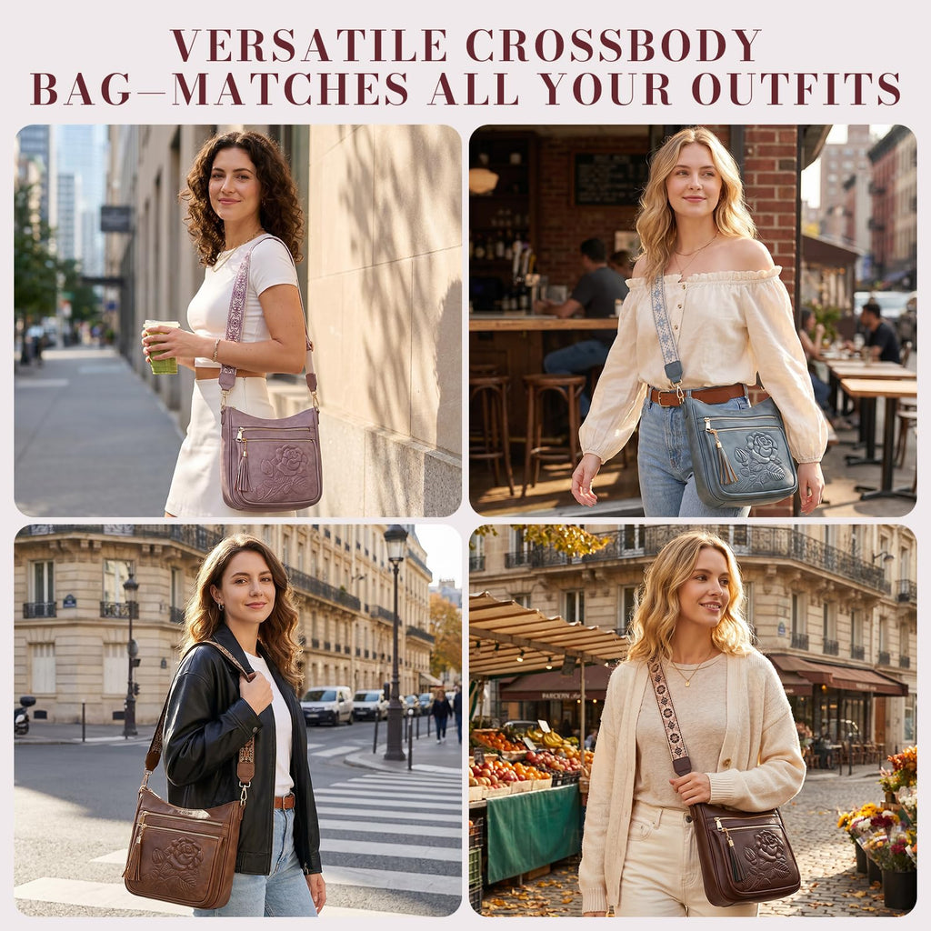 Crossbody Bags for Women, Vegan Leather Crossbody Purse, Multiple Pocket Daily Travel Shoulder Bag with Boho Strap