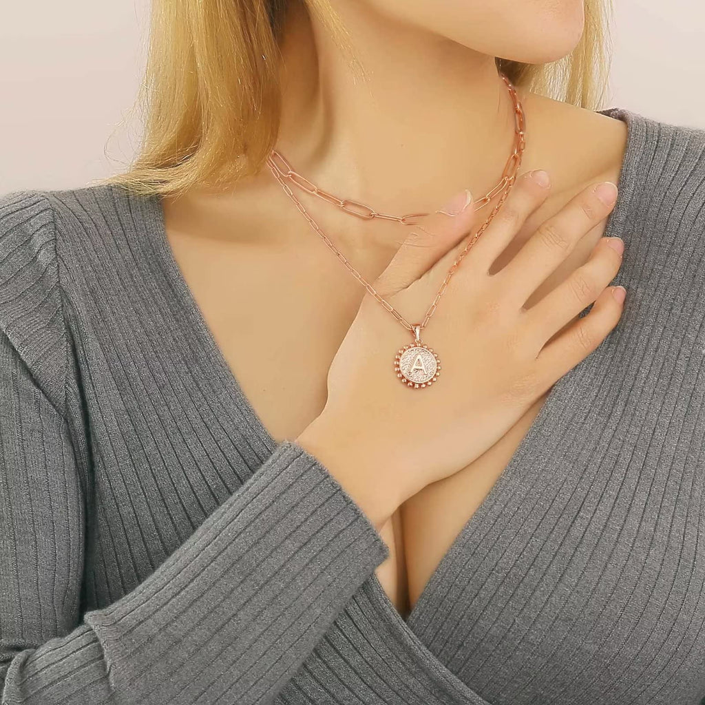 Yoosteel Layered Initial Necklaces for Women Trendy - 14K Gold-Plated Dainty Layering Paperclip Chain Coin Initial Necklace Jewelry Gifts for Women Mom Wife Teen Girls