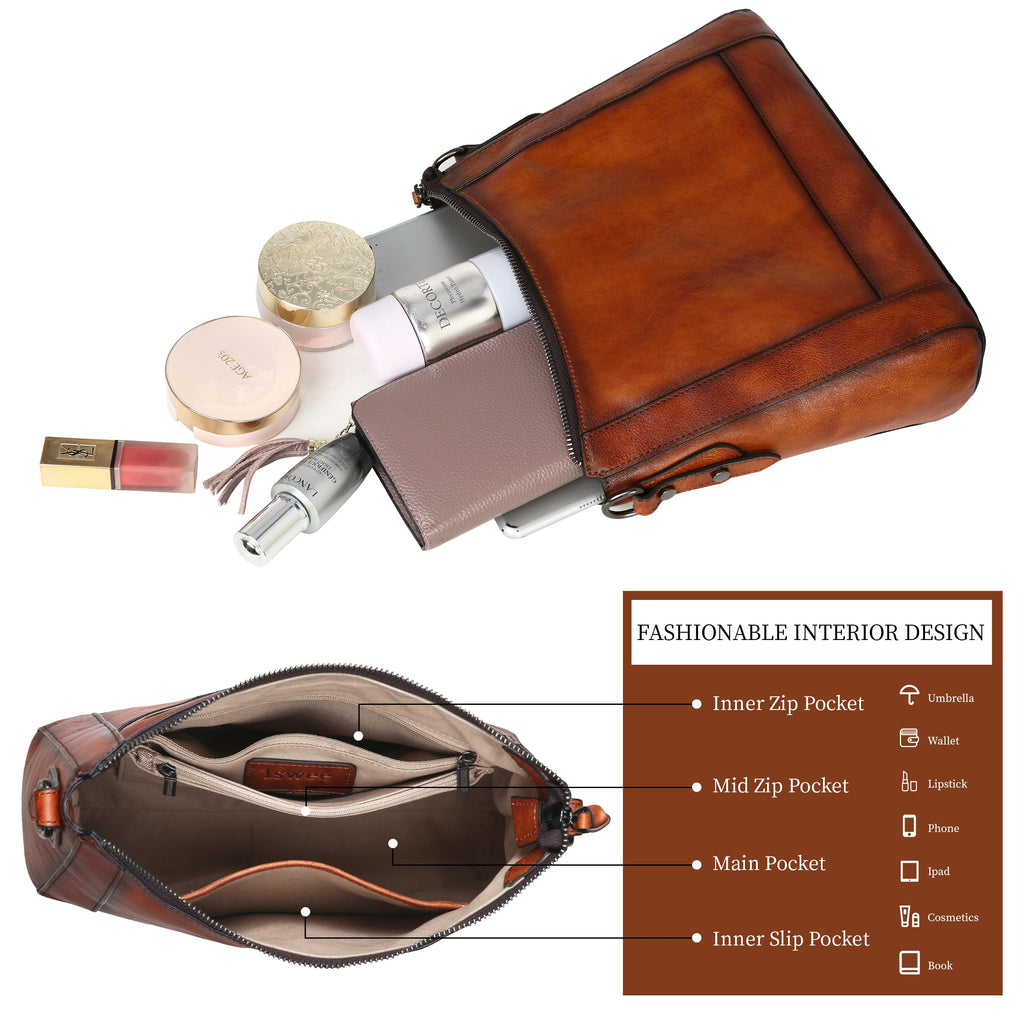 Iswee Leather Crossbody Bags for Women Shoulder Purse Medium Hobo Genuine Leather Satchel Purses and Handbags