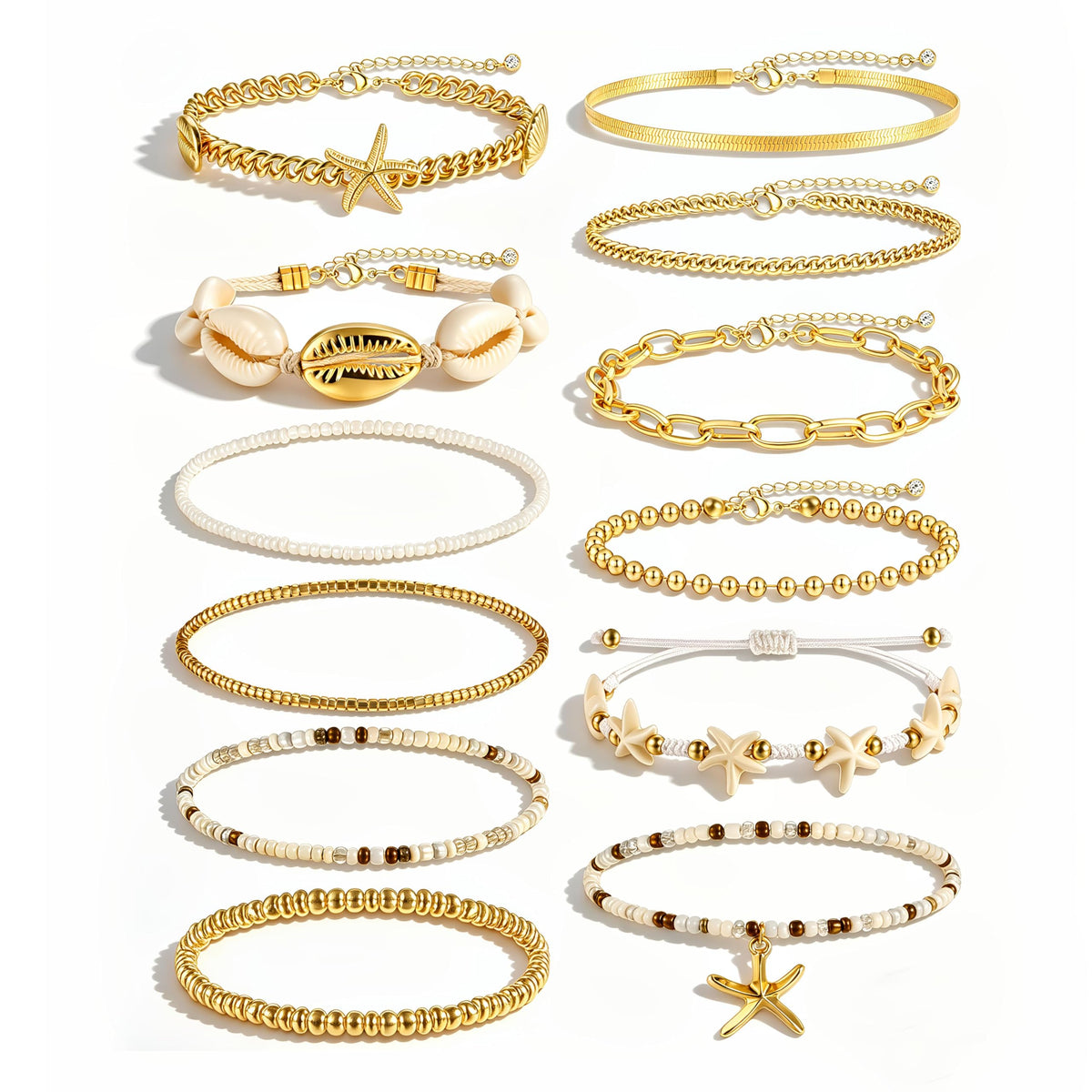 FAXHION Boho Gold Beaded Bracelets for Women, Starfish & Shell Pendant Bracelet Stack, Gold Bracelet Set Summer Beach Jewelry Gifts