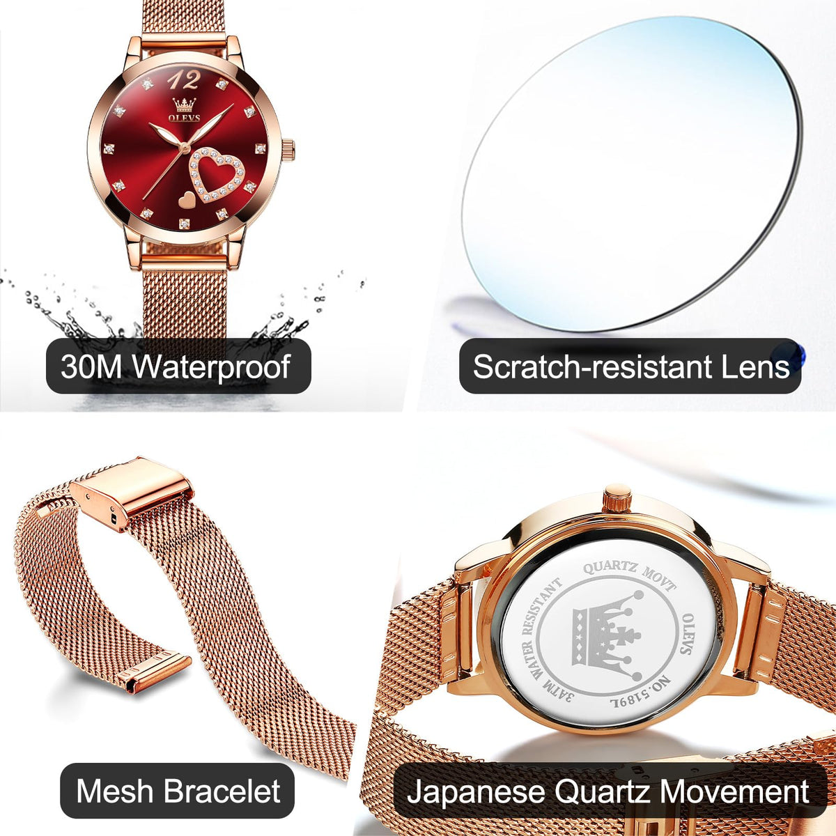 OLEVS Women's Small Wrist Rose Gold Tone Watch - Cute Diamond Heart Arabic Numerals Dial, Fashion Waterproof Mesh Bracelet Analog Dress for Ladies