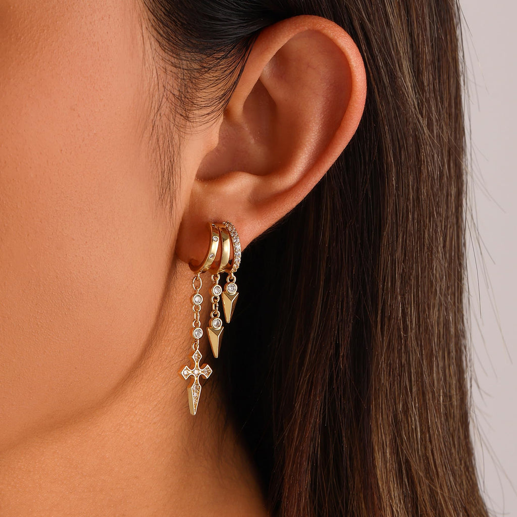Gold Dangle Earrings for Women, 14k Gold Plated Stacked Triple Hoop Illusion Earrings Cubic Zirconia Huggie Earrings for Women Trendy