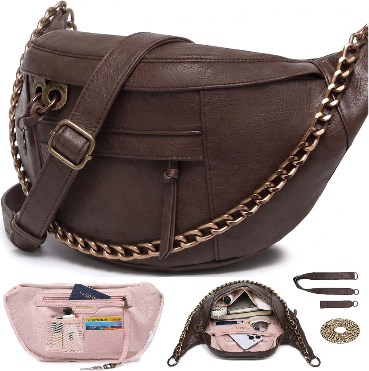 Anti Pickpocket Crossbody Bag – Large Vegan Dark Brown Leather Sling Bag with RFID & Glasses Pockets, Anti Theft Design, Multiple Compartments, Chain Detail Travel Crossbody Bag for Women