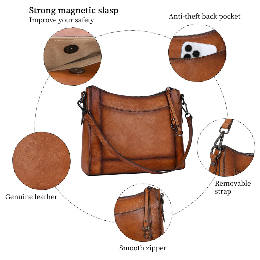 Iswee Leather Crossbody Bags for Women Shoulder Purse Medium Hobo Genuine Leather Satchel Purses and Handbags