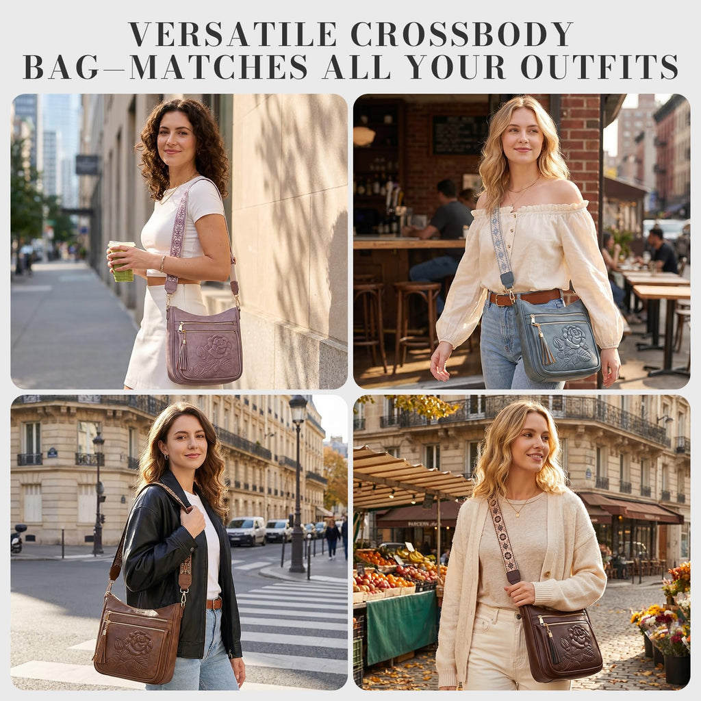 Crossbody Bags for Women, Vegan Leather Crossbody Purse, Multiple Pocket Daily Travel Shoulder Bag with Boho Strap