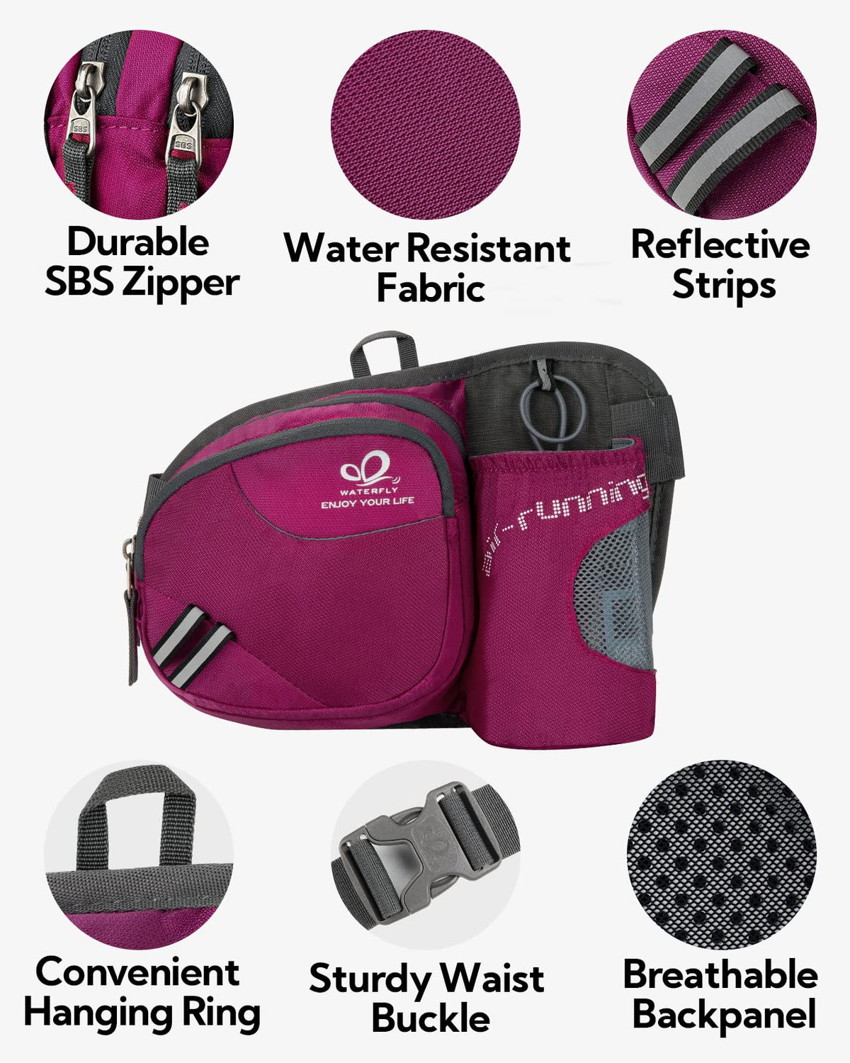 WATERFLY Fanny Pack Waist Bag: Waist Pack for Women Men with Water Bottle Holder Hiking Fanny Pack for Running Walking DogWalking Travel Cycling