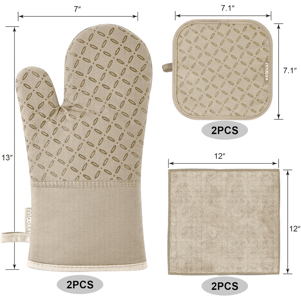KEGOUU Oven Mitts and Pot Holders 6pcs Set, Kitchen Oven Glove High Heat Resistant 500 Degree Extra Long Oven Mitts and Potholder with Non-Slip Silicone Surface for Cooking (Gray)