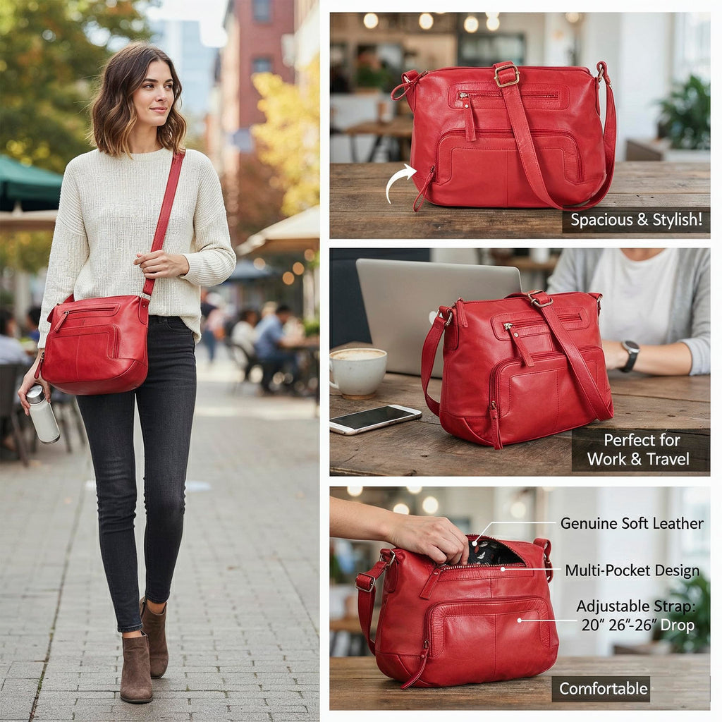 Oak Leathers Women's Crossbody Bag - Genuine Leather Crossover Shoulder Purse With Adjustable Sling Strap - Medium Size