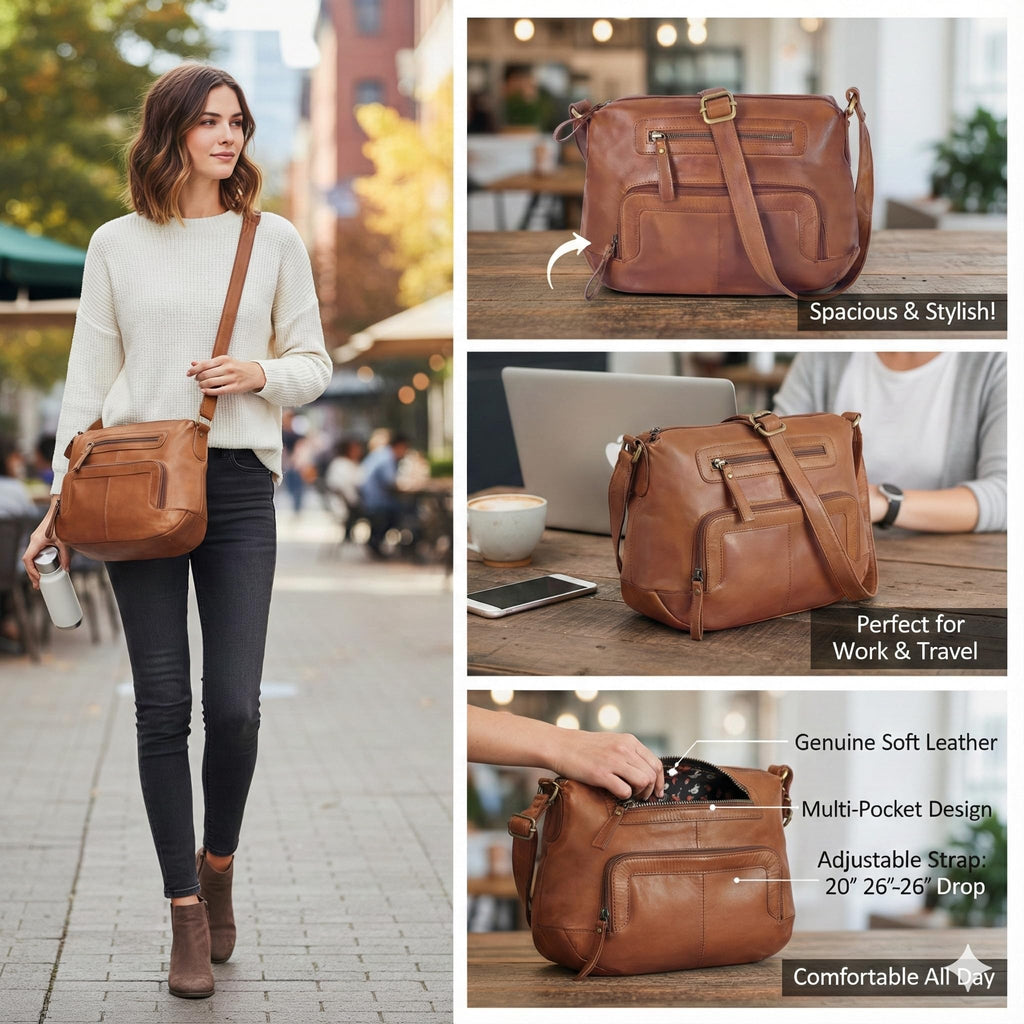 Oak Leathers Women's Crossbody Bag - Genuine Leather Crossover Shoulder Purse With Adjustable Sling Strap - Medium Size