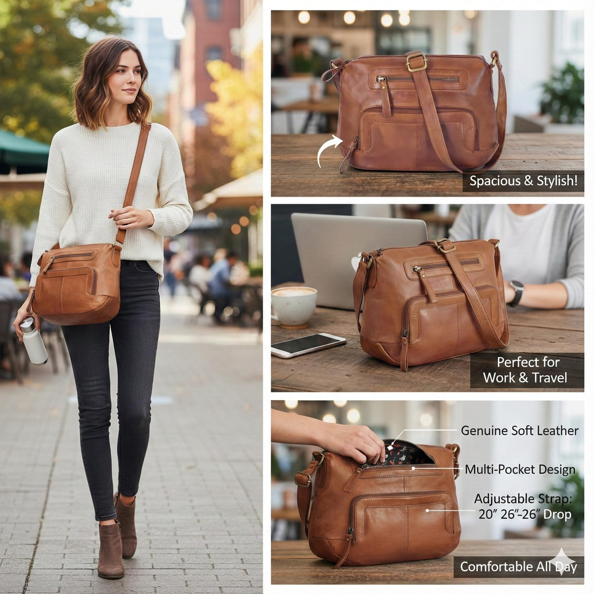 Oak Leathers Women's Crossbody Bag - Genuine Leather Crossover Shoulder Purse With Adjustable Sling Strap - Medium Size