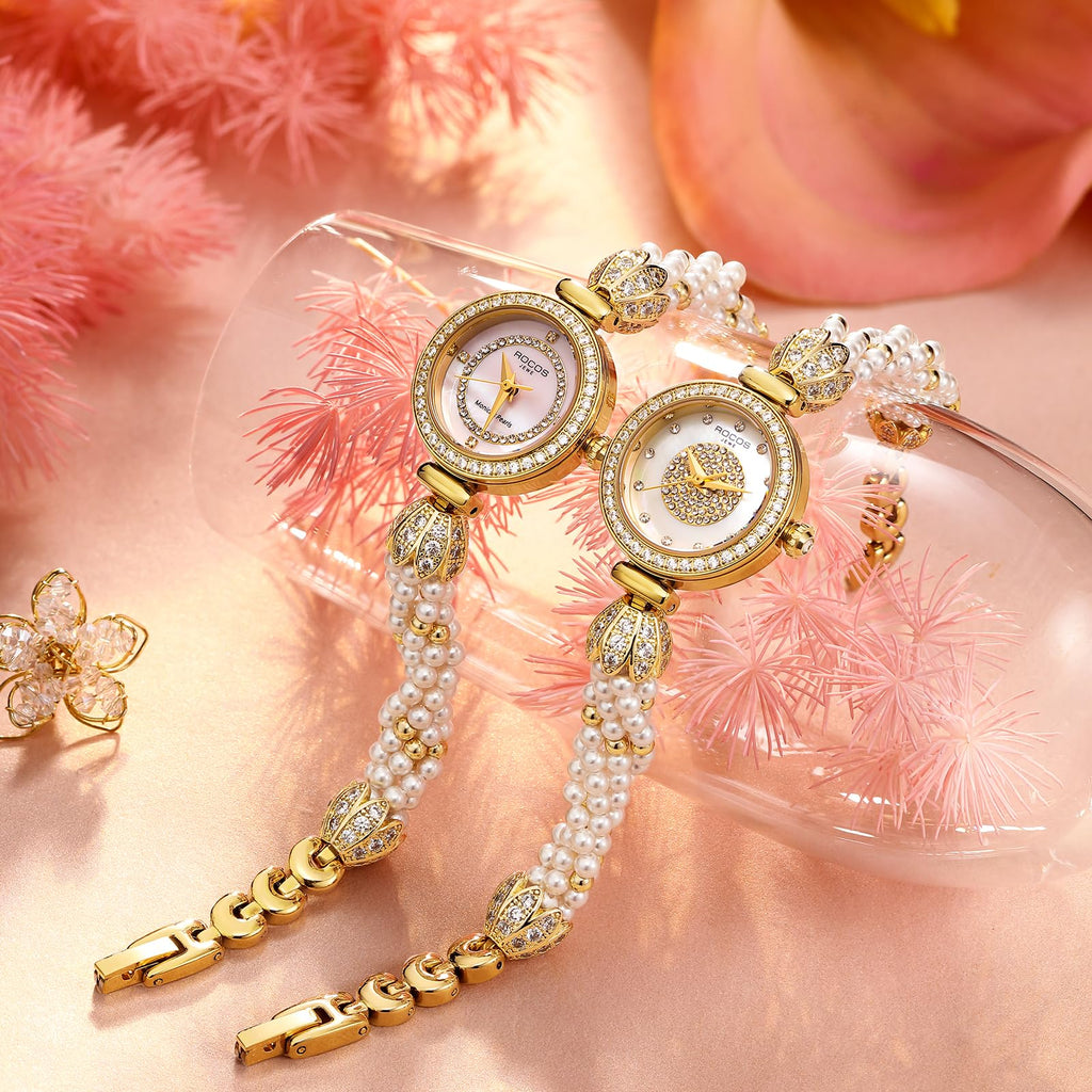 ROCOSJEWE R0262 Bracelet Watches for Women,Fashion Gold Dress Watch,Women's Pearl Bracelet Watch,Dazzling/Pink Dial,Adjustable Stainless Strap,Waterproof,Gift for Women