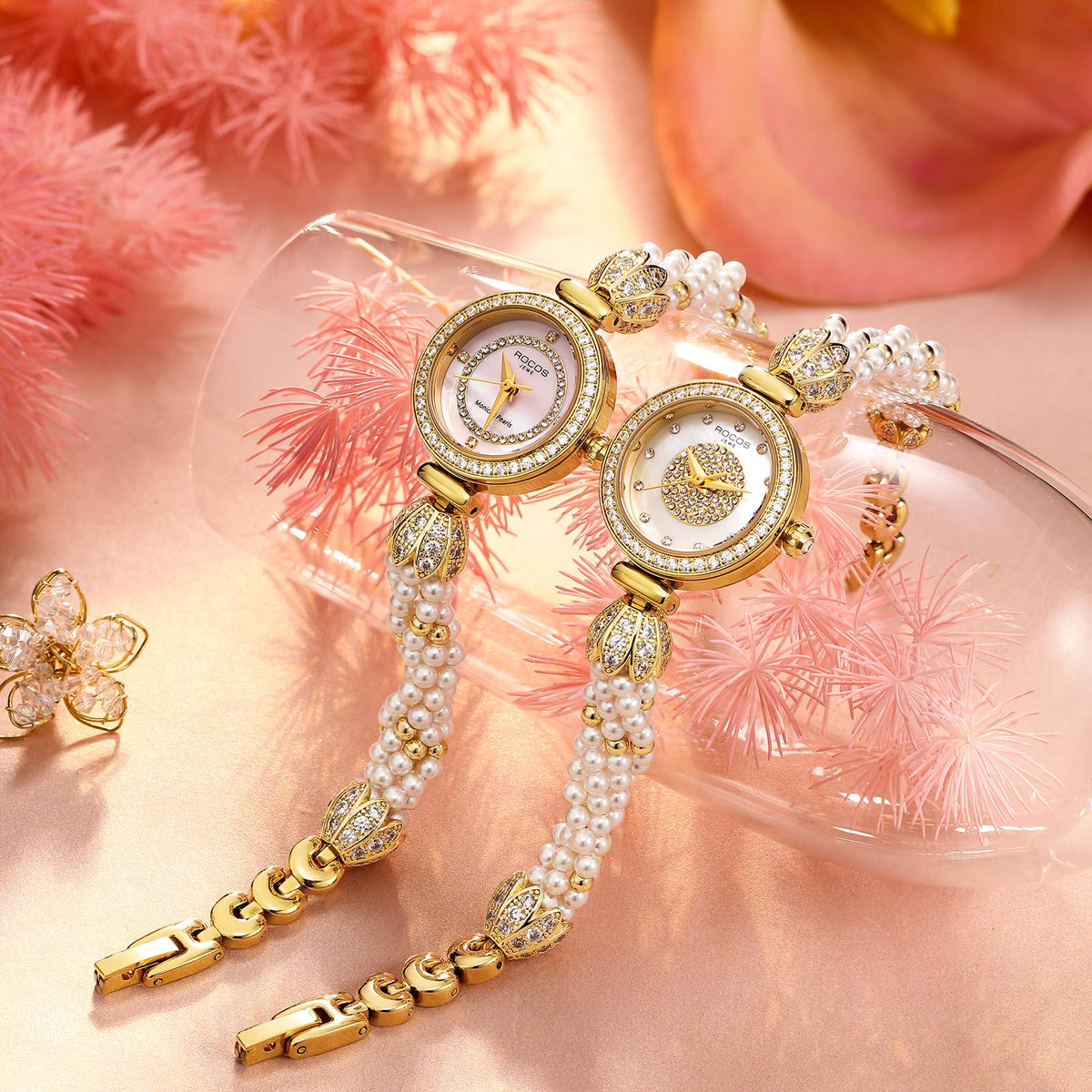 ROCOSJEWE R0262 Bracelet Watches for Women,Fashion Gold Dress Watch,Women's Pearl Bracelet Watch,Dazzling/Pink Dial,Adjustable Stainless Strap,Waterproof,Gift for Women
