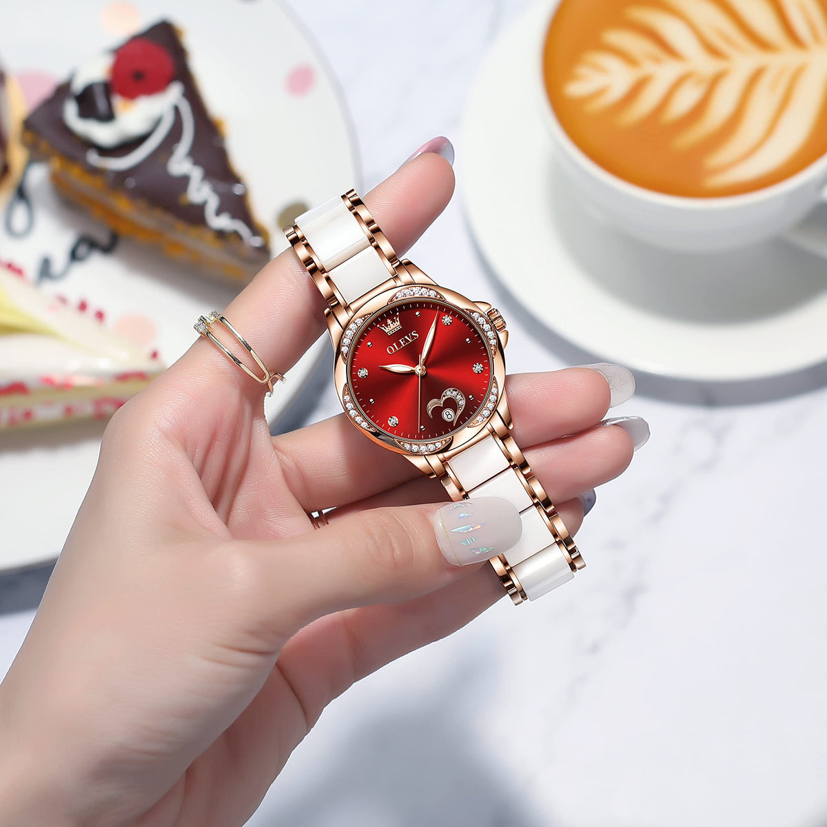 OLEVS Womens Automatic Watch, Premium Large Face Diamond Accented Self Winding Watches for Women, Fashion Waterproof Ladies Dress Watch, Two Tone Stainless Steel Ceramic Bracelet