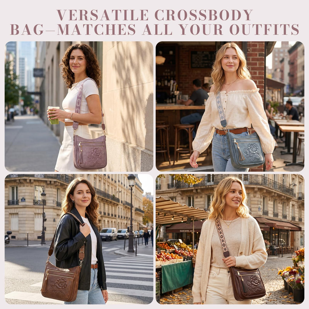 Crossbody Bags for Women, Vegan Leather Crossbody Purse, Multiple Pocket Daily Travel Shoulder Bag with Boho Strap