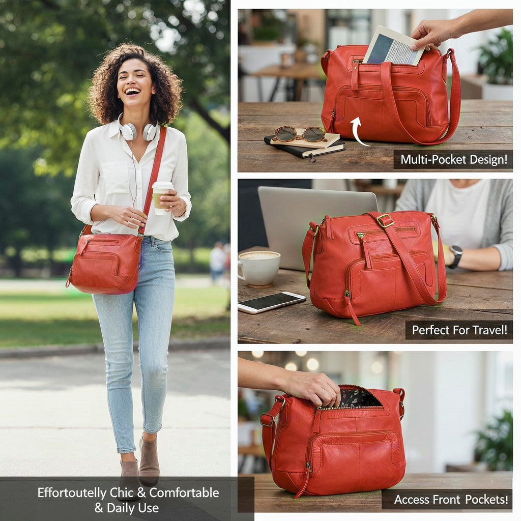 Oak Leathers Women's Crossbody Bag - Genuine Leather Crossover Shoulder Purse With Adjustable Sling Strap - Medium Size